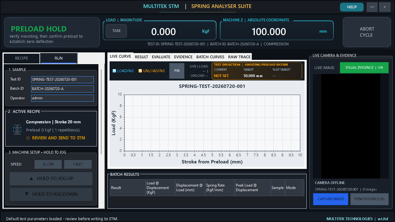 STM Run page in PRELOAD HOLD with the blue Test Deflection Current value NOT SET and a representative absolute Machine Z value in the top panel