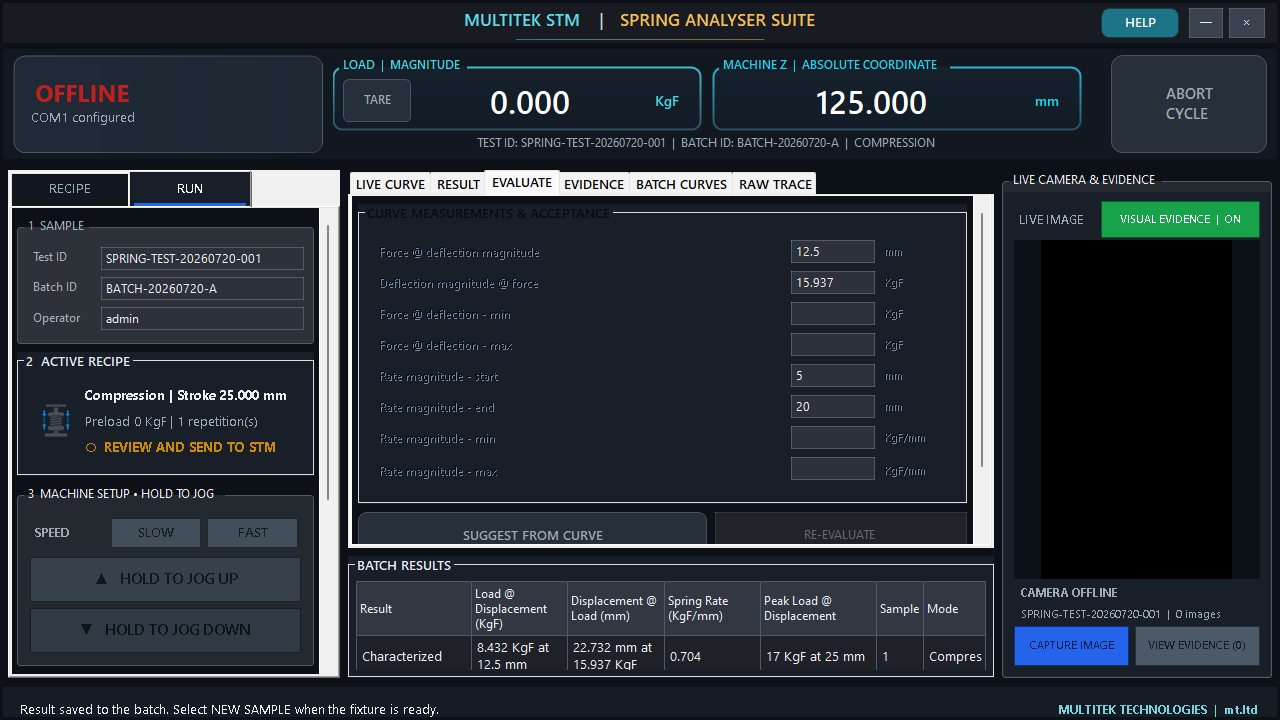 STM Evaluate page with load, displacement, loading-rate locations and acceptance fields