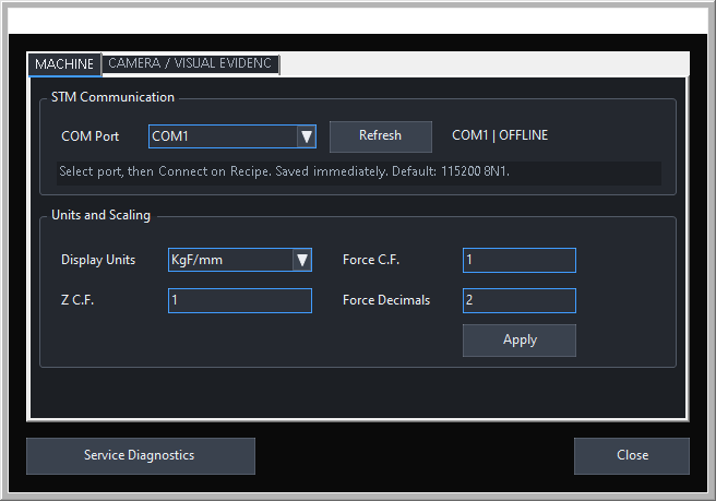 STM Machine Settings first MACHINE tab with STM Communication port selector, Refresh, units, and scaling settings